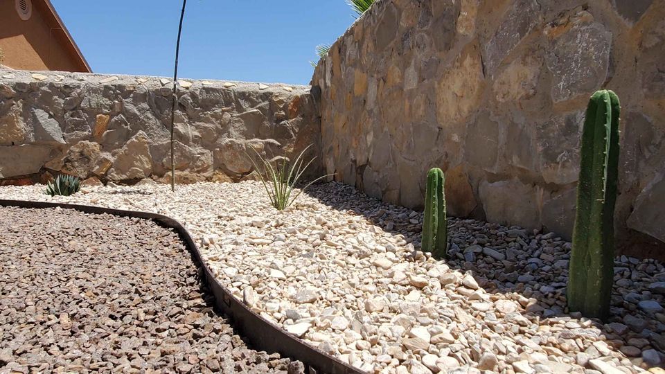 A dry garden featuring a small cactus and desert plants is situated within a stone-walled area. The ground, designed by South Mountain Turf & Putting Greens, is covered in white pebbles on one side and darker rock chips on the other, bordered by a low metal divider.