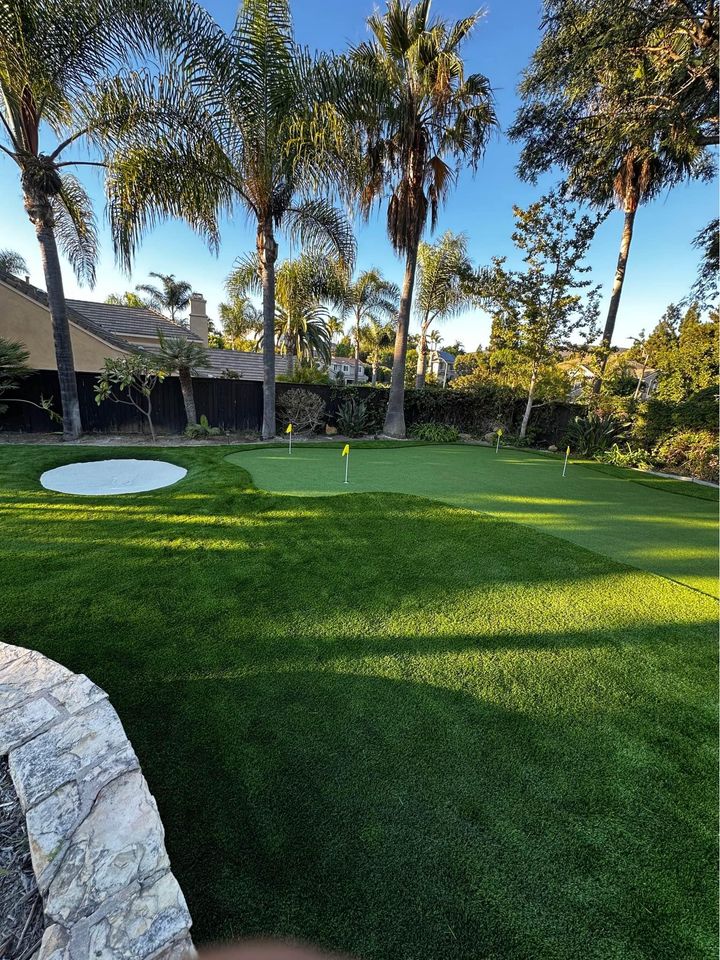 A lush backyard putting green is surrounded by palm trees and other greenery. A circular sand trap lies to the left, enhancing the course. The clear sky allows the sun to cast long shadows on the grass, while a stone patio edge is visible in the foreground. Perfect for backyard putting greens enthusiasts.