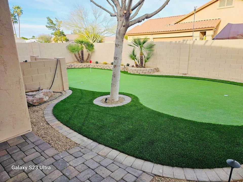 A tranquil oasis, this backyard features a beautifully designed putting green framed by a stately tree and stone wall. The ground is adorned with synthetic grass and a paved walkway, while desert plants add charm to the space. A perfect spot for enthusiasts of backyard putting greens.